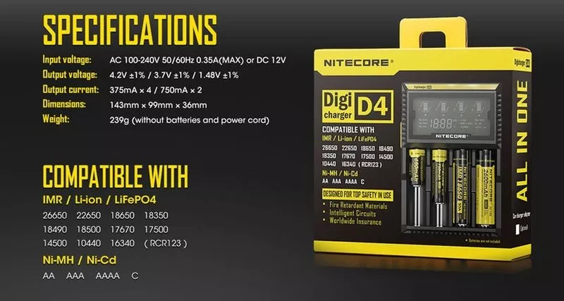 Универсальные зарядные устройства Nitecore Digicharger D4 5